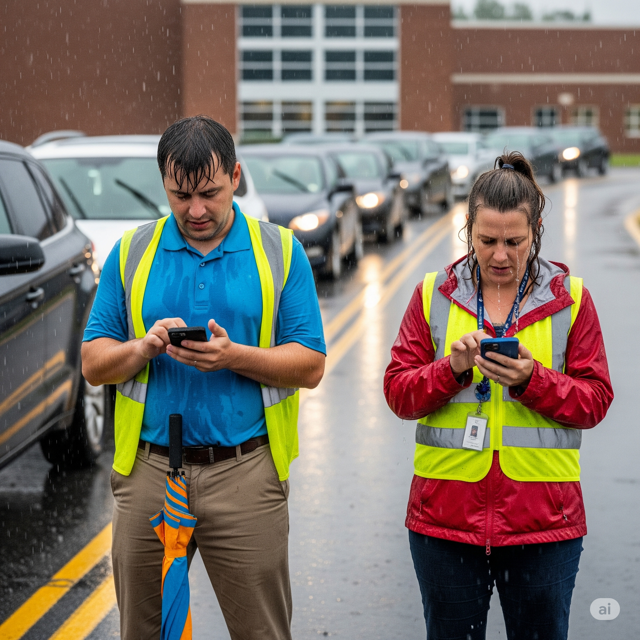 Two Teachers in Rain at Parent Pickup On Cell Phones