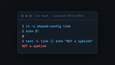 Git Bash transcript: ln -s exits 0 but test -L reports NOT a symlink; with MSYS=winsymlinks:nativestrict the link is real.