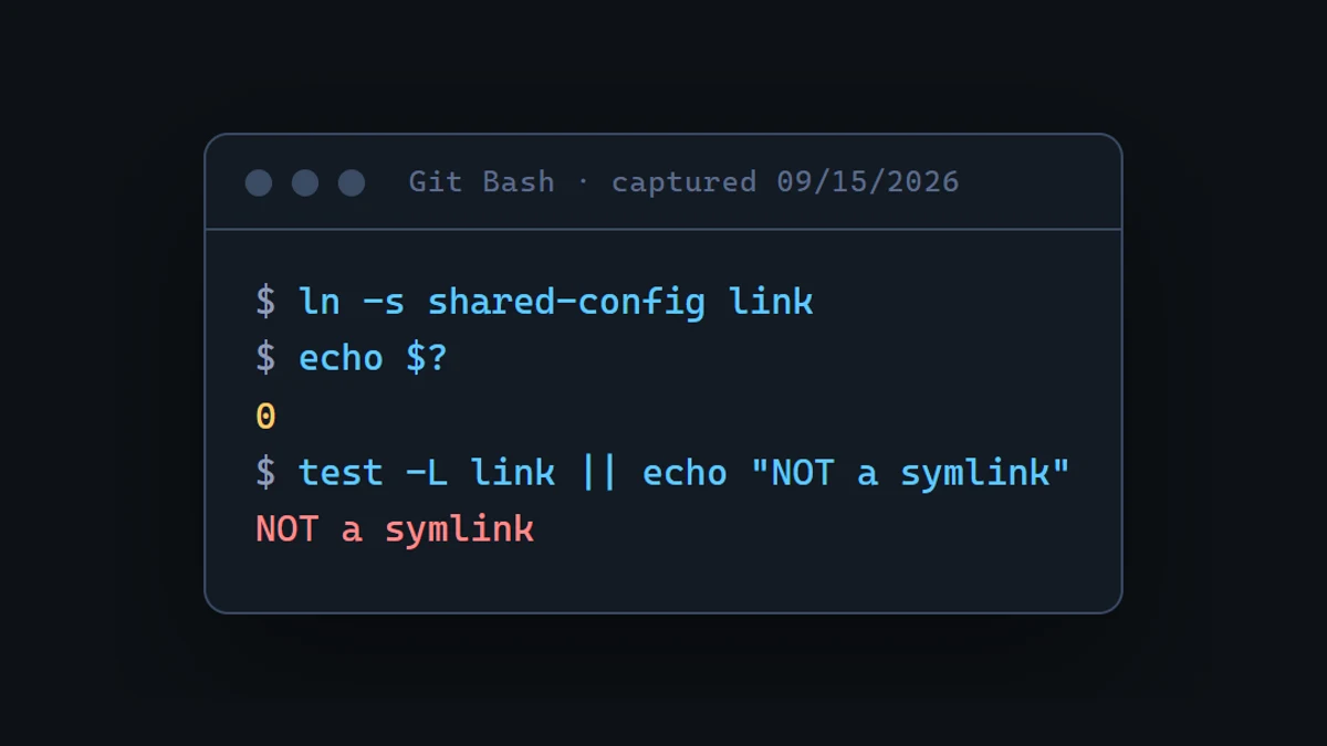 Git Bash transcript: ln -s exits 0 but test -L reports NOT a symlink; with MSYS=winsymlinks:nativestrict the link is real.