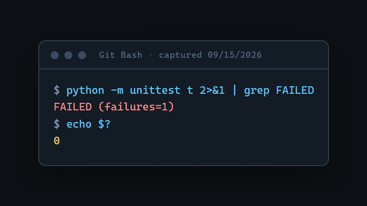Git Bash transcript: a failing Python test piped through grep prints FAILED (failures=1), and echo $? prints 0.