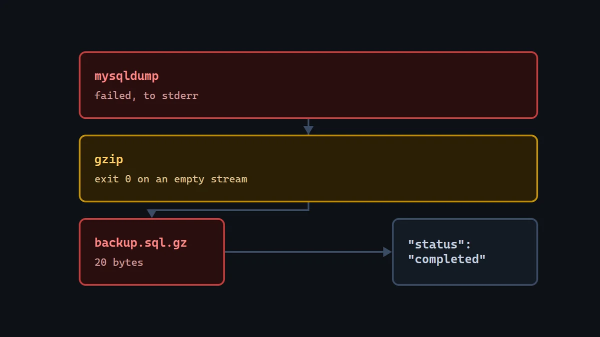 Diagram: mysqldump fails to stderr, gzip exits 0 on the empty stream, and a 20-byte backup.sql.gz is logged as completed.