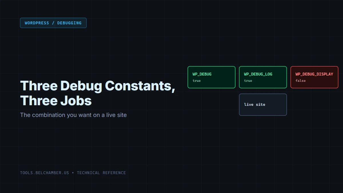 Diagram: the three WordPress debug constants and the combination that is safe to leave on for a live site.
