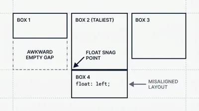 Diagram illustrating why floated elements of unequal heights snag and leave layout gaps