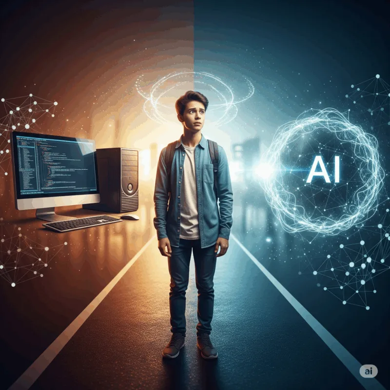 A high school student looking uncertainly at a laptop, illustrating the anxiety around entering tech careers as AI reshapes entry-level work