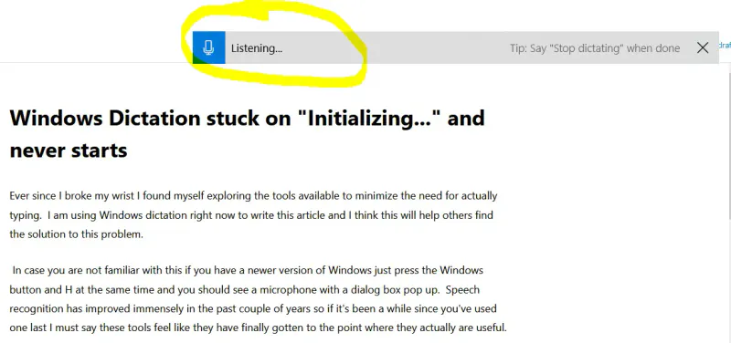 Screenshot of Windows dictation