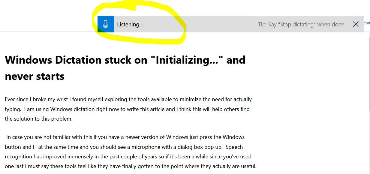 Screenshot of windows dictation
