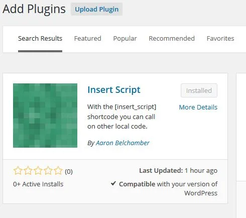 The insert_script shortcode in use inside the WordPress editor