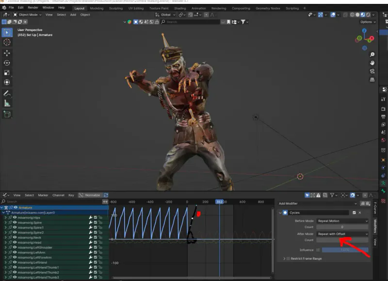 A Mixamo zombie walk animation looping cleanly in Blender after the two-step fix