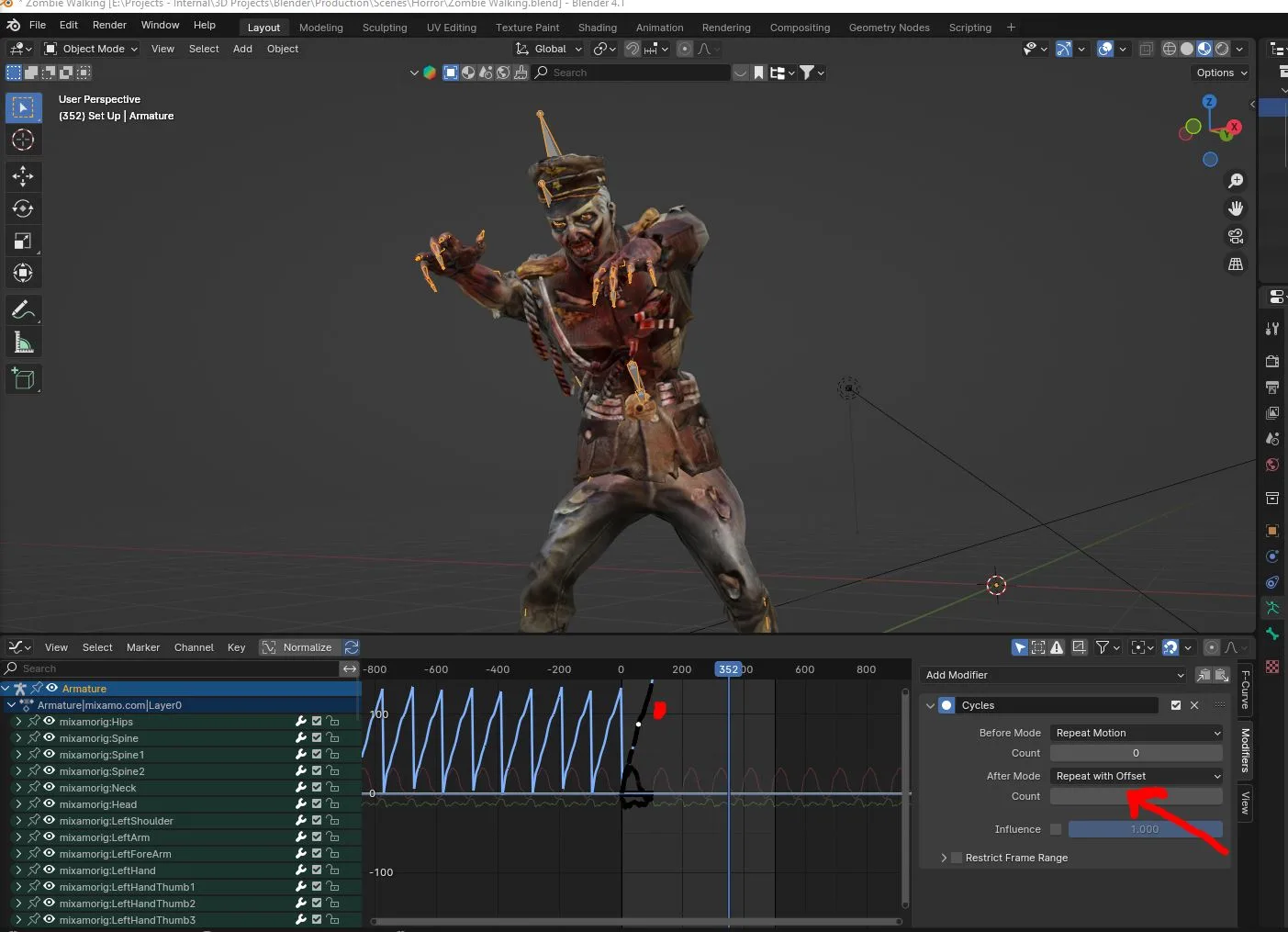 A Mixamo zombie walk animation looping cleanly in Blender after the two-step fix