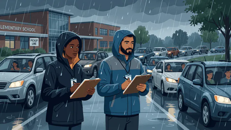 Two Teachers in Rain at Parent Pickup