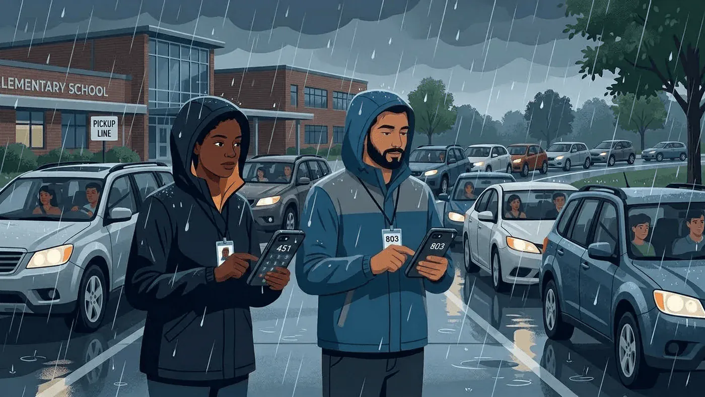 Two teachers standing in the rain entering car pickup numbers on cell phones