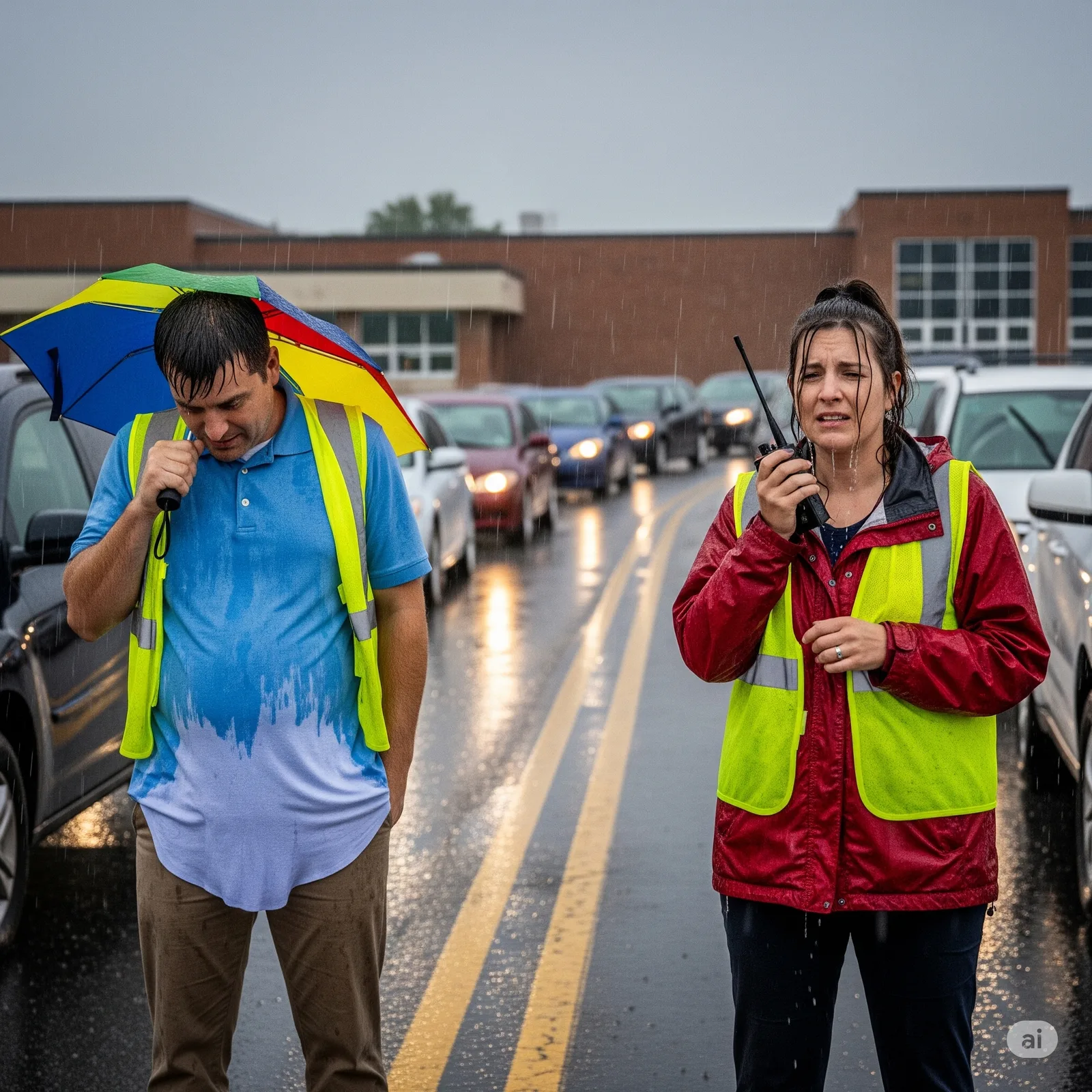 Two Teachers in Rain at Parent Pickup