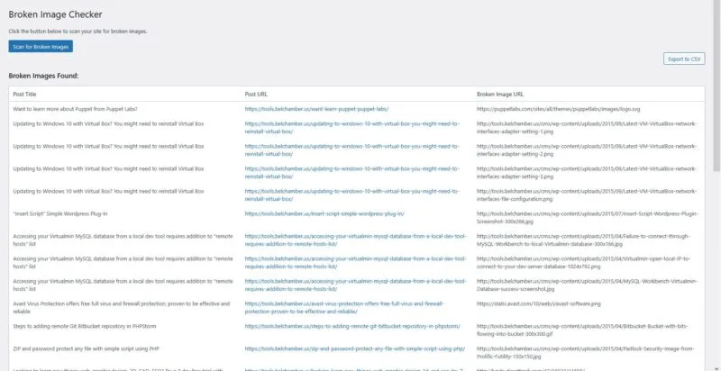 Results from the Broken Image Checker plugin, listing each post with a broken image