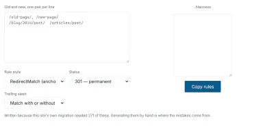 The .htaccess redirect generator in use