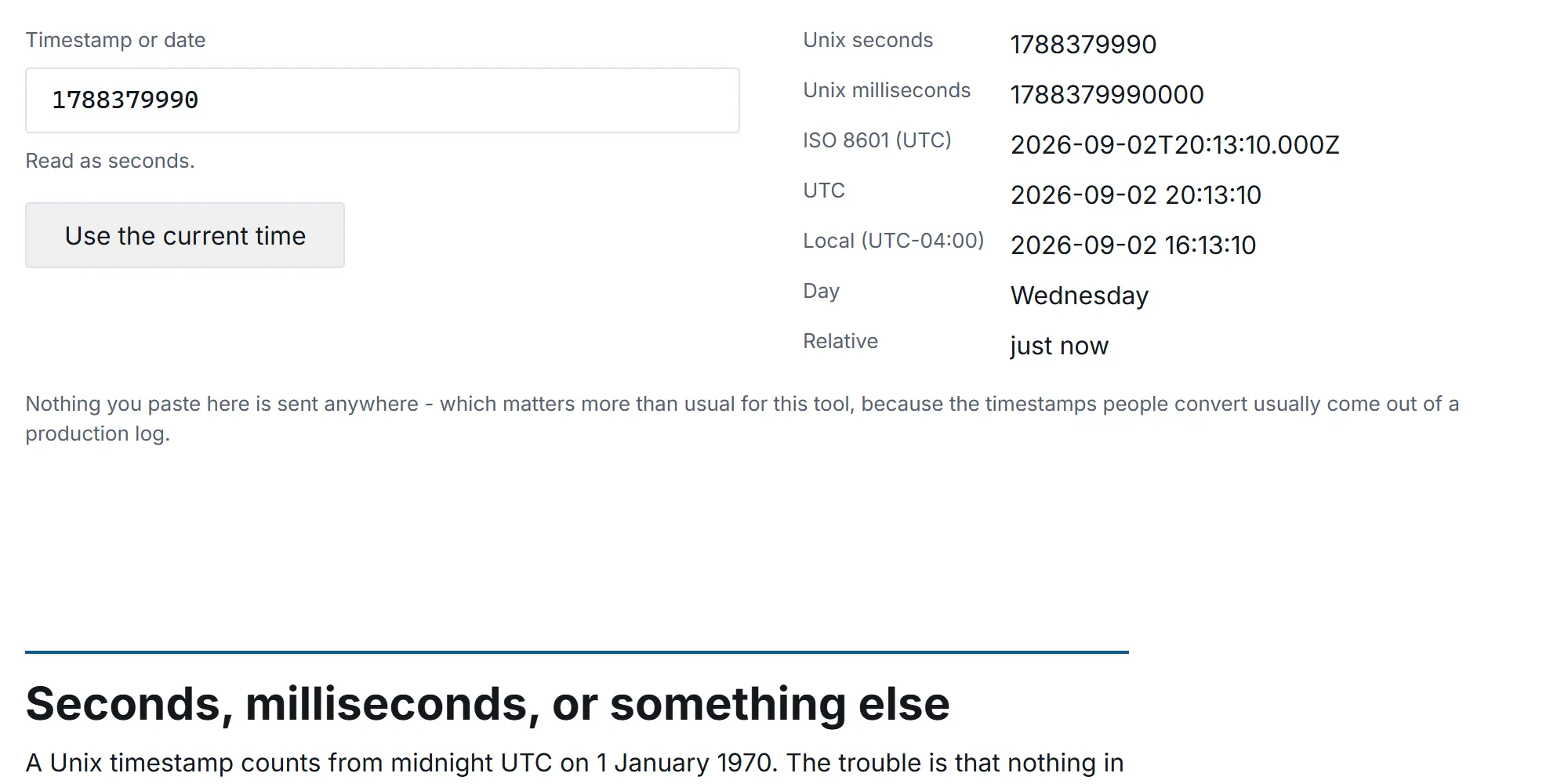 The unix timestamp converter in use